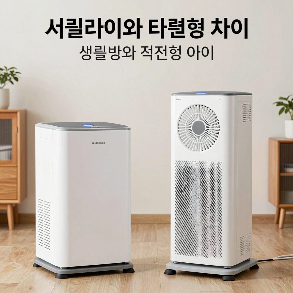 써큘레이터와 타워팬의 바람 방향과 필터 유무를 비교한 이미지