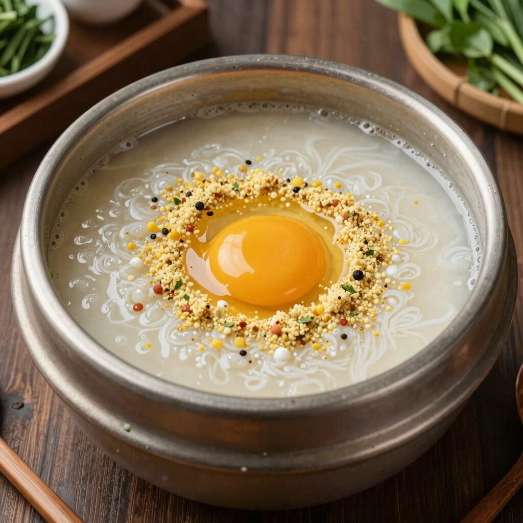 시원한 냉모밀 한 그릇에 무즙과 쪽파 김가루 달걀이 고명으로 올려져 있다