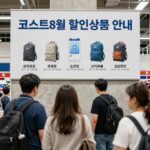 코스트코 8월 할인상품 안내판과 사람들이 쇼핑하는 모습