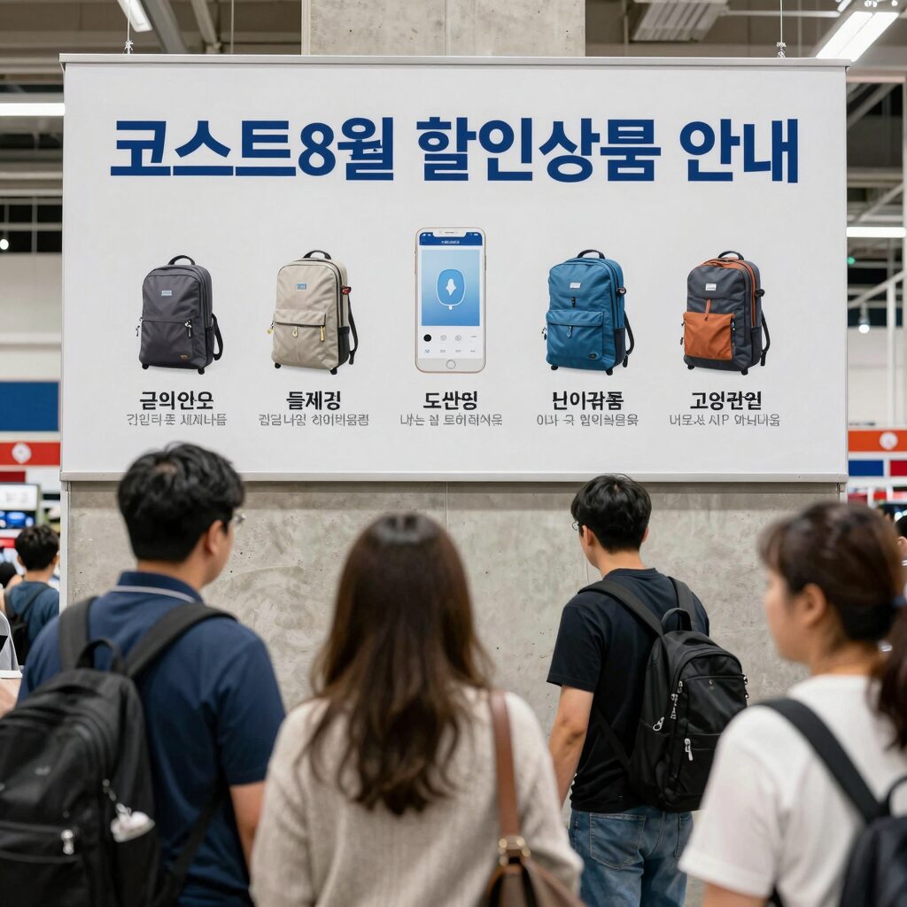 코스트코 8월 할인상품 안내판과 사람들이 쇼핑하는 모습