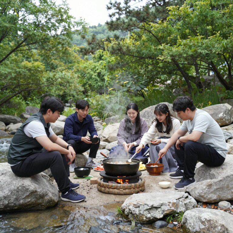 대전 근교 계곡 펜션 평상에서 백숙을 즐기는 모습