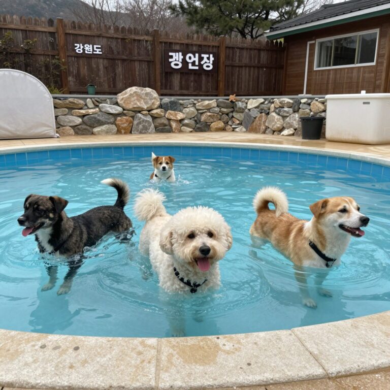 강원도 홍천 애견 풀장 펜션에서 물놀이하는 강아지와 수영장 전경