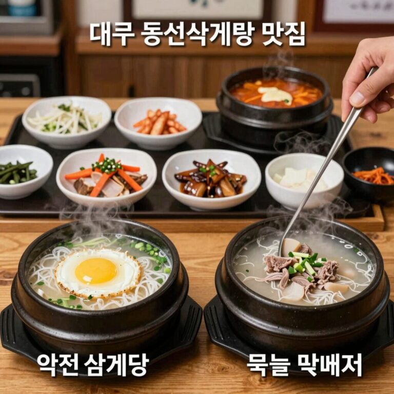 대구 동성로 삼계탕 맛집 약전삼계탕과 서울삼계탕의 대표 메뉴와 뚝배기 크기 비교 사진