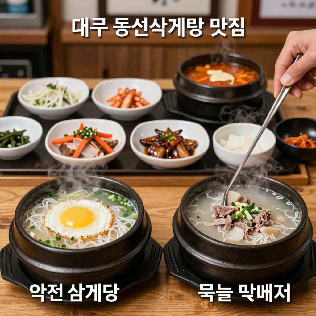 대구 동성로 삼계탕 맛집 약전삼계탕과 서울삼계탕의 대표 메뉴와 뚝배기 크기 비교 사진