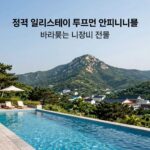 전라도 풀빌라 펜션 힐링 여행 추천 정읍 엘리스테이 루프탑 인피니티풀에서 바라본 내장산 전경, 수영장과 산이 어우러진 풍경