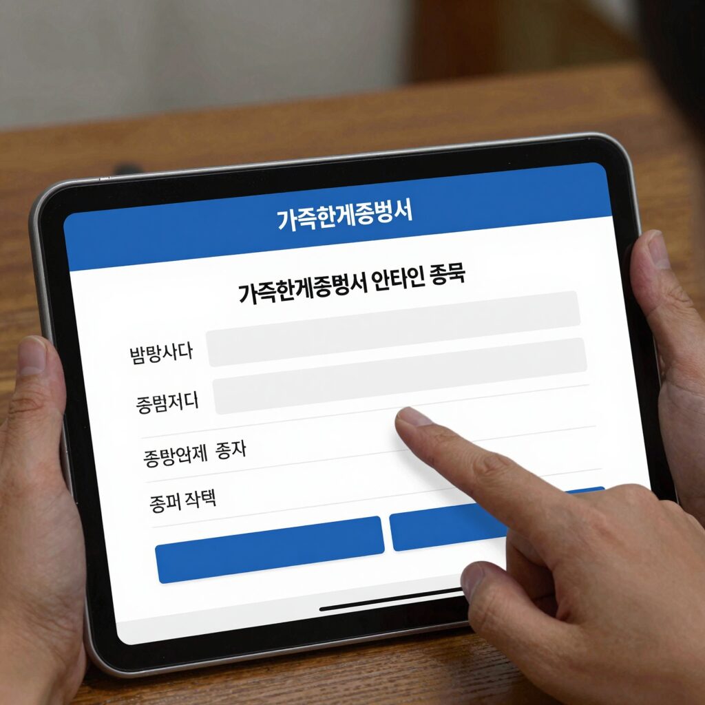 가족관계증명서 인터넷 발급 화면에서 발급 대상자와 증명서 종류를 선택하는 과정