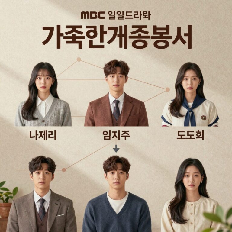 MBC 일일드라마 가족관계증명서의 인물관계도 이미지. 나지니, 나세리, 노영주, 임지후, 도도희를 중심으로 한 복잡한 관계망
