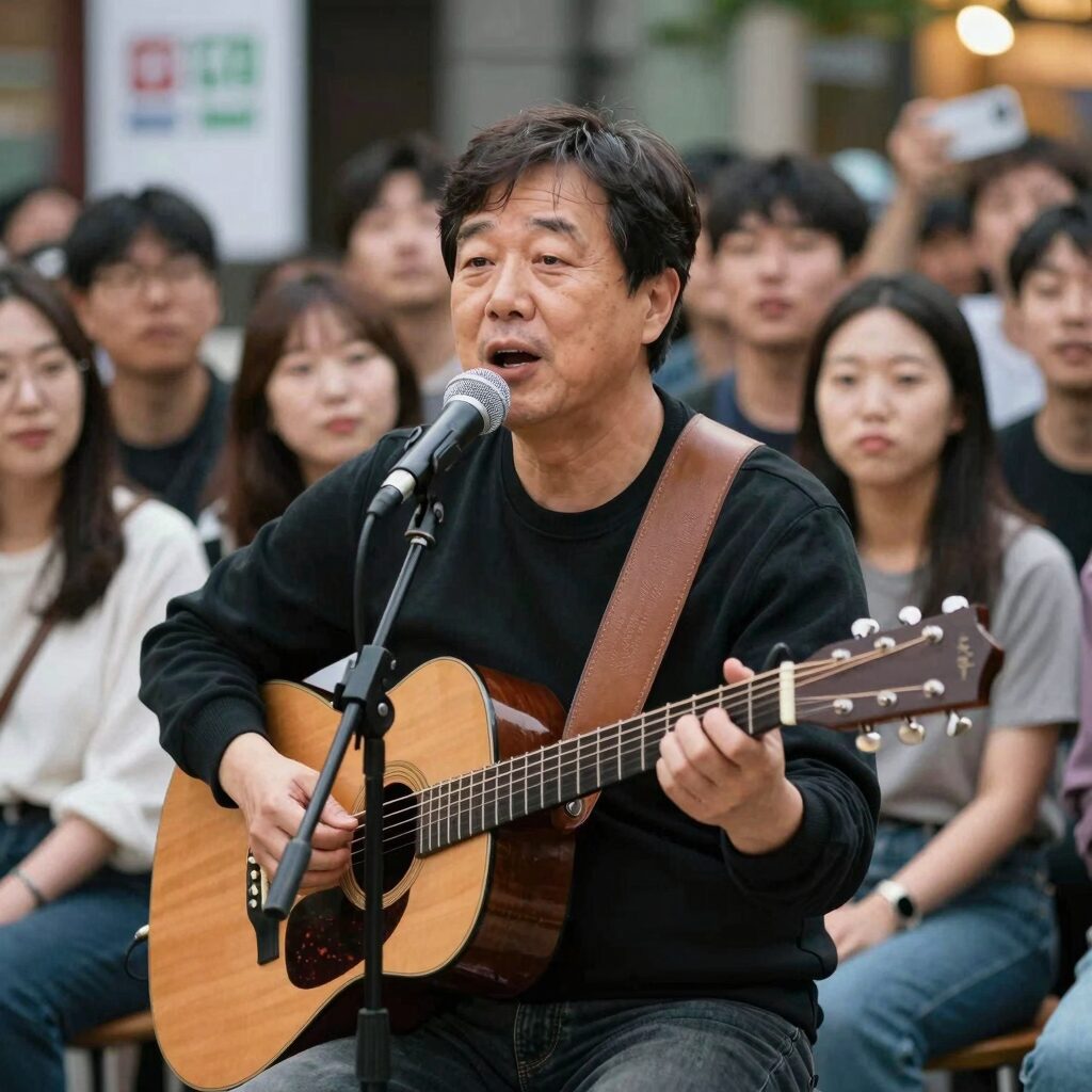 서울 홍대 앞에서 기타를 멘 중년 남성이 마이크 앞에서 노래하는 모습, 주변에 시민들이 둘러서서 응원하고 있다