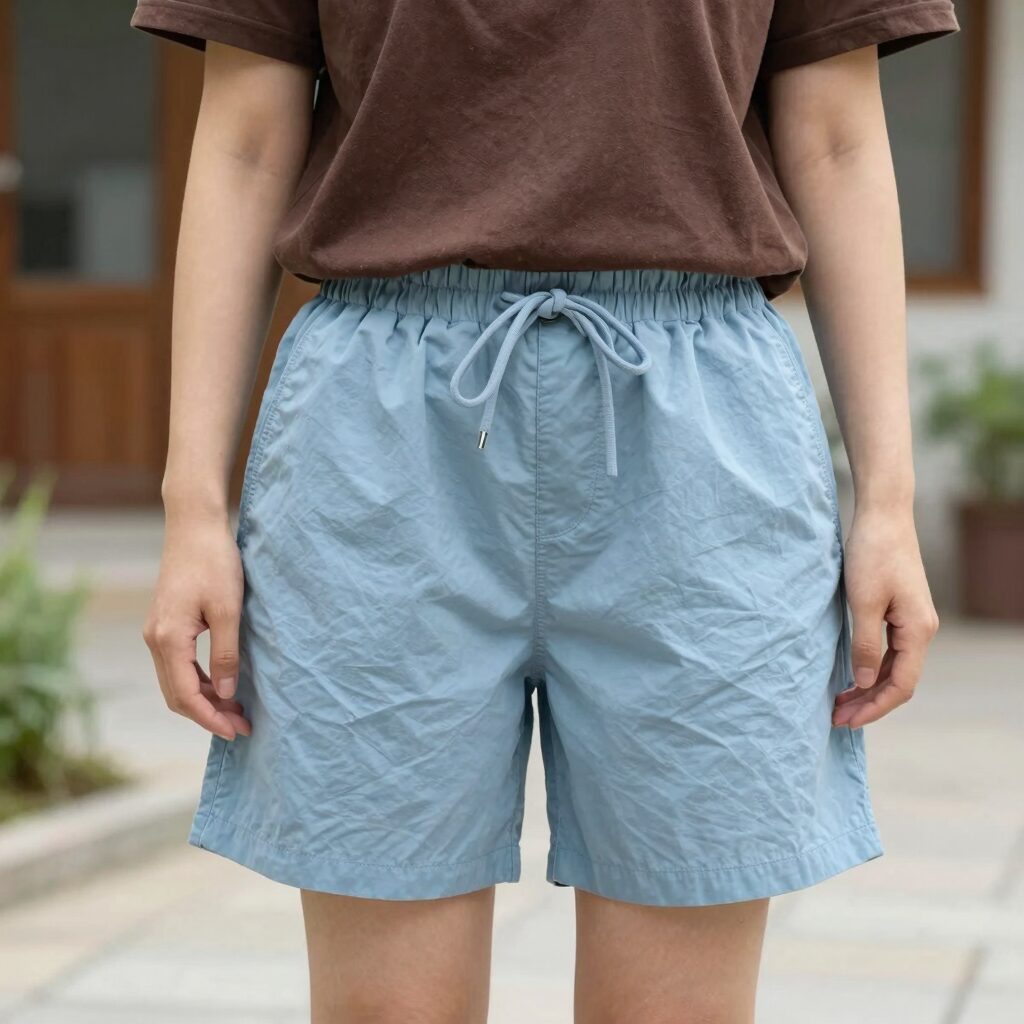 한소희가 착용한 휠라 에브리데이 쇼츠 라이트블루와 브라운 컬러의 데일리룩