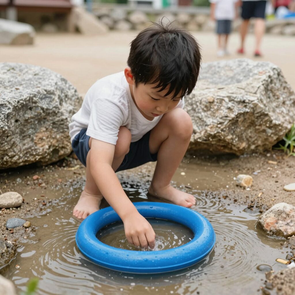 아이가 홍학튜브에 고리를 던져 끼우는 물놀이 장면