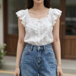 프릴 나시 블라우스 여름 코디 추천 여성용 프릴 나시 블라우스 데님 스커트 코디