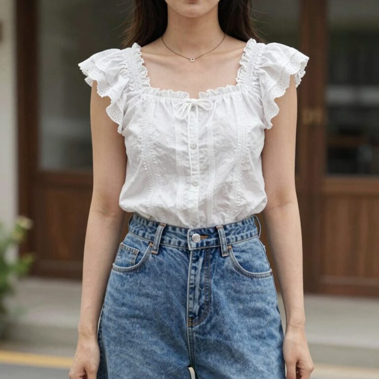 여성용 프릴 나시 블라우스 데님 스커트 코디