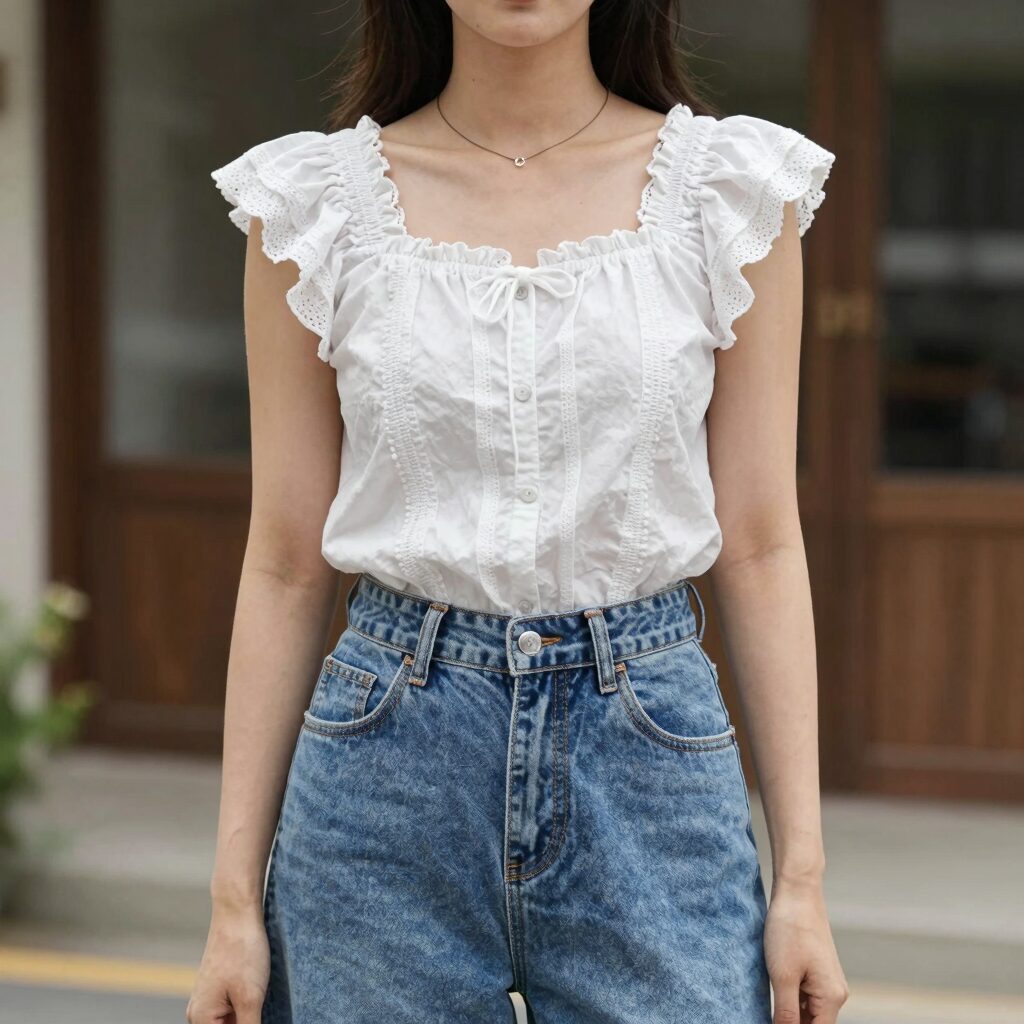 여성용 프릴 나시 블라우스 데님 스커트 코디