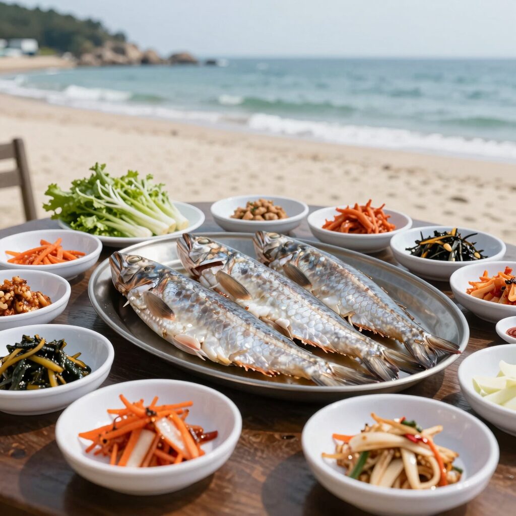 강릉 사천해변 횟집에서 나온 푸짐한 생선구이와 반찬들