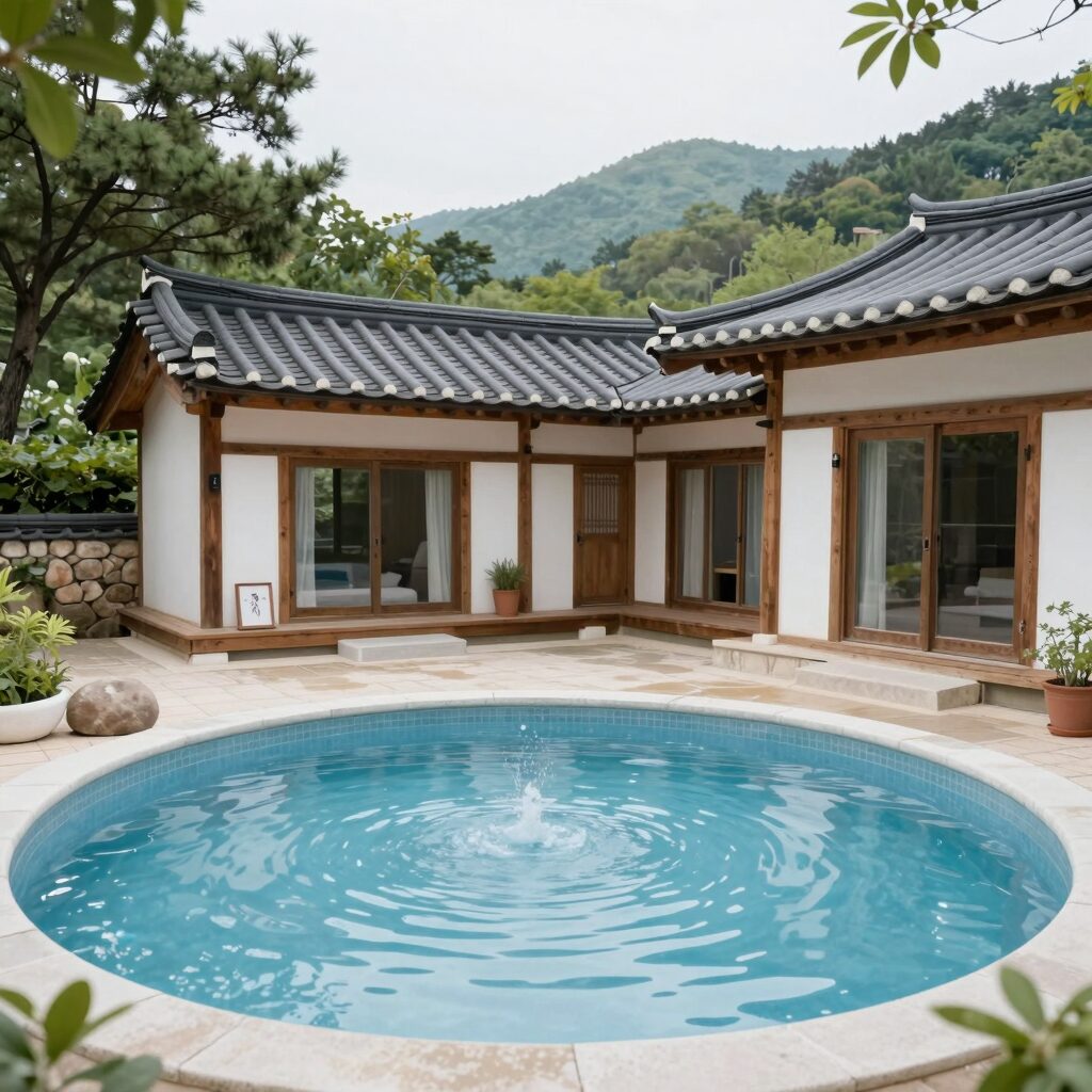 거창 스테이담 펜션의 넓은 마당과 미온수 풀장 전경