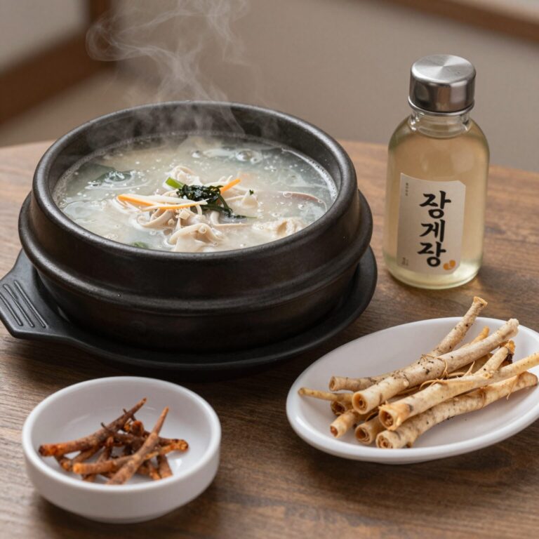 목포 고려삼계탕에서 제공되는 뚝배기 삼계탕과 인삼주가 함께 있는 사진