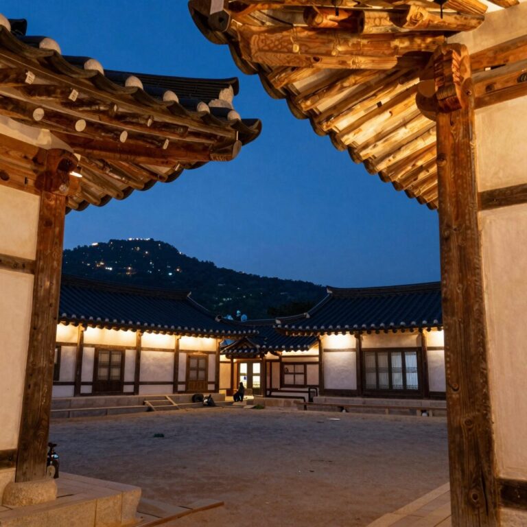 경주 황리단길 근처 펜션에서 바라본 야경 사진, 한옥 지붕과 따뜻한 조명이 어우러진 감성적인 풍경