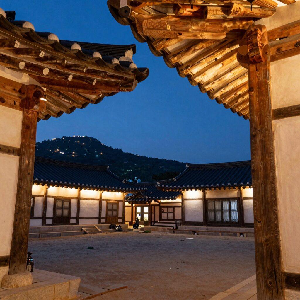 경주 황리단길 근처 펜션에서 바라본 야경 사진, 한옥 지붕과 따뜻한 조명이 어우러진 감성적인 풍경