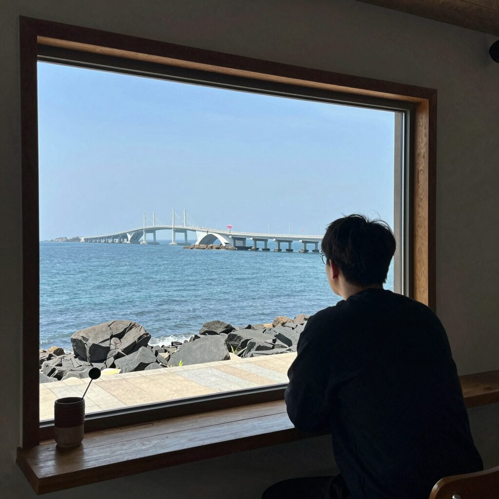 해남 땅끝남도의향기 펜션 마당에서 바라본 바다와 완도대교 전경