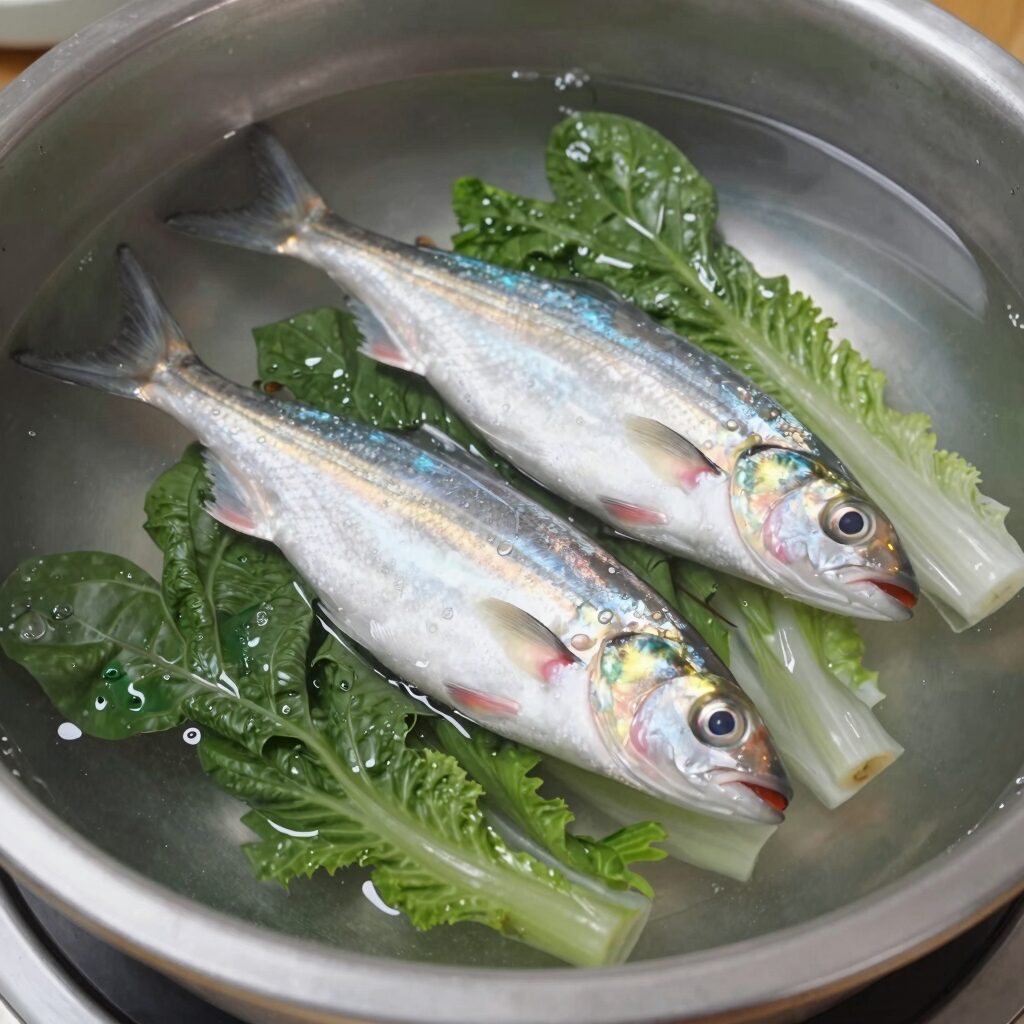 한치 물회 완성 모습, 신선한 한치와 채소가 탄산수에 잠겨 시원해 보인다