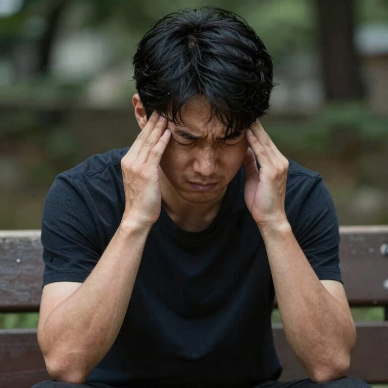 일사병 증상으로 두통과 어지럼증을 호소하는 사람이 그늘에서 휴식을 취하고 있다