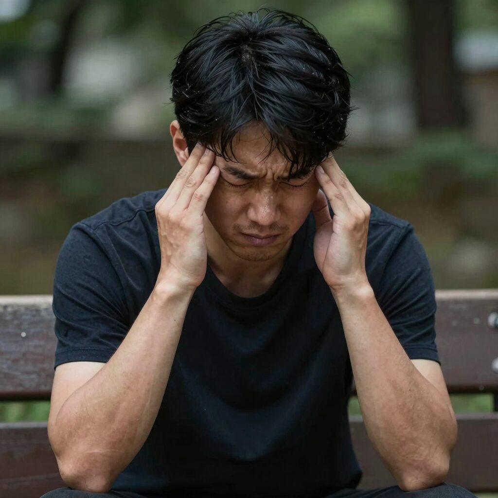 일사병 증상으로 두통과 어지럼증을 호소하는 사람이 그늘에서 휴식을 취하고 있다