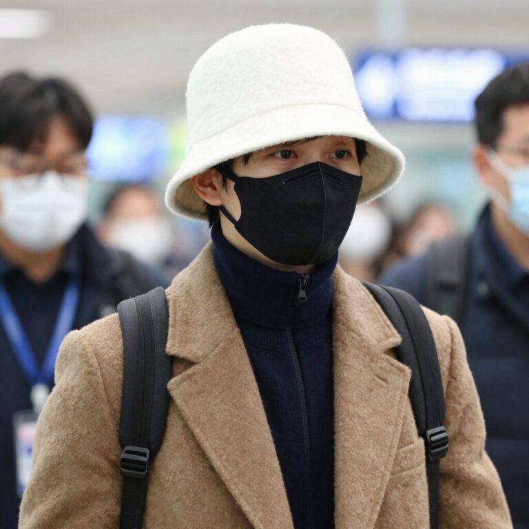 홍명보 전 감독이 인천공항에서 마스크와 모자로 얼굴을 가린 채 출국하는 모습
