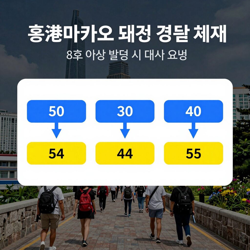 홍콩 마카오 태풍 경보 체계 숫자와 색깔 설명, 8호 이상 발령 시 대처 요령