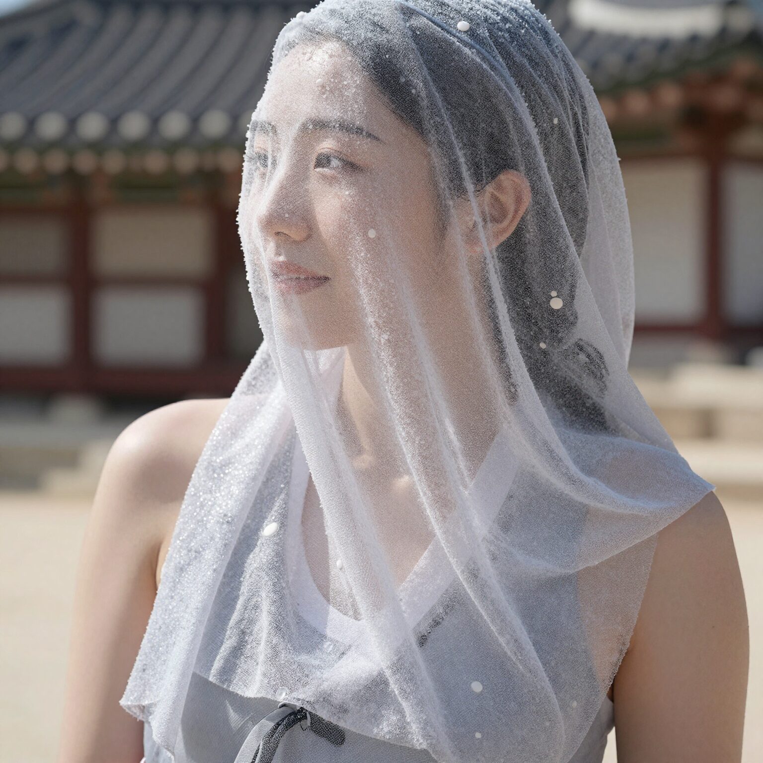 와이드 디자인의 얼음 목도리를 착용한 모습으로 목 전체를 감싸 시원함을 전달하는 여름 필수템