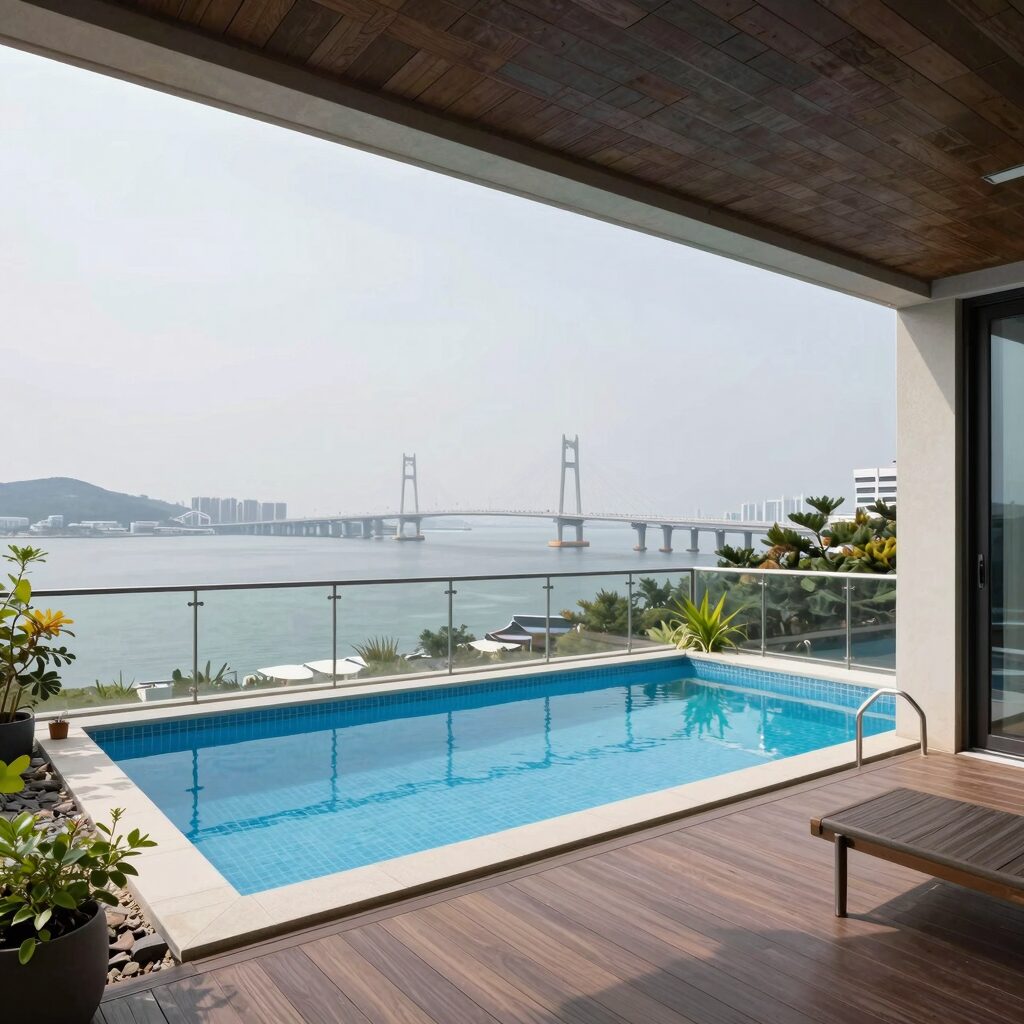 인천 풀빌라 펜션 발코니에서 바라본 영흥대교와 프라이빗 수영장 전경