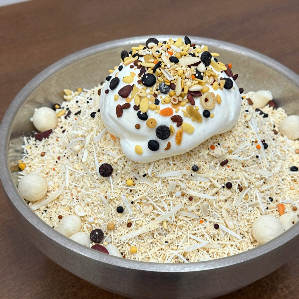 설빙 부천중동점 인절미빙수에 연유소스를 부은 모습, 고소한 인절미 가루와 팥 견과류가 보인다.