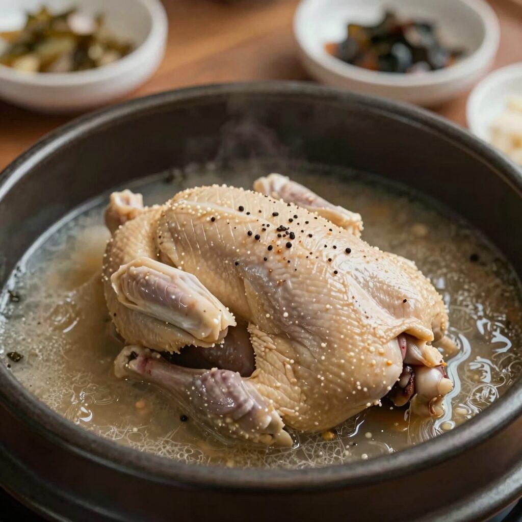 장기동 평상집 누룽지토종닭백숙 뚝배기에 담긴 닭과 누룽지