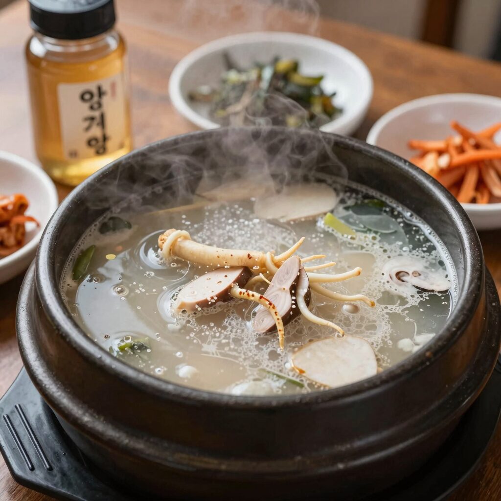 장수삼계탕 보글보글 끓는 삼계탕 뚝배기와 함께 제공된 인삼주 및 밑반찬