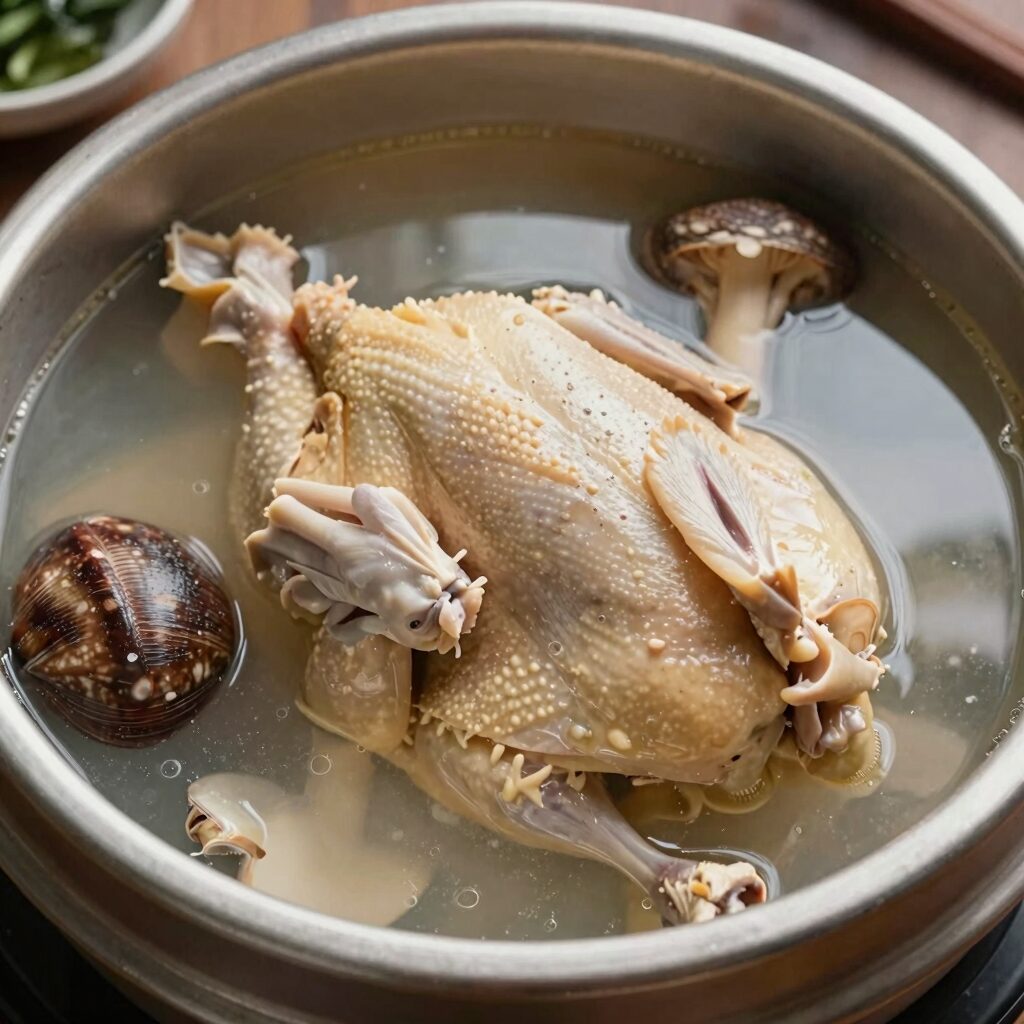 제주 삼계탕 맛집 장수토종닭에서 나온 토종닭 누룽지 백숙의 모습, 큼직한 닭과 전복 버섯이 보인다