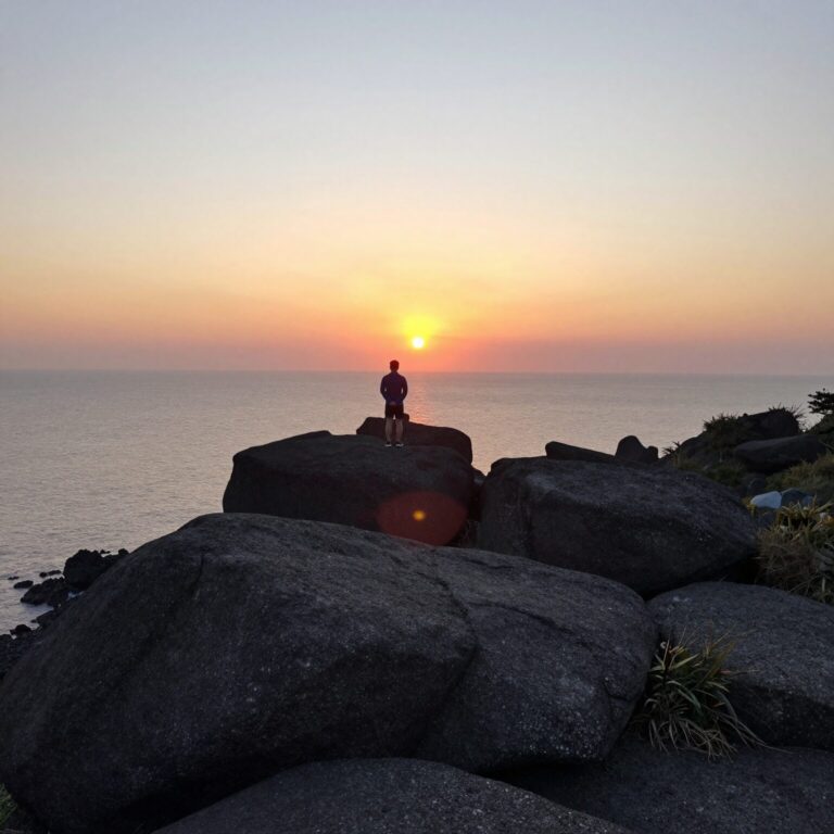 8월 제주도 성산일출봉 정상에서 바라본 일출과 우도 전경