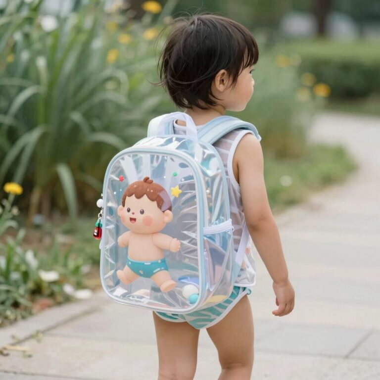시나모롤 캐릭터가 그려진 투명 메쉬 소재의 어린이 수영가방 크로스백. 아이가 들고 있는 모습.
