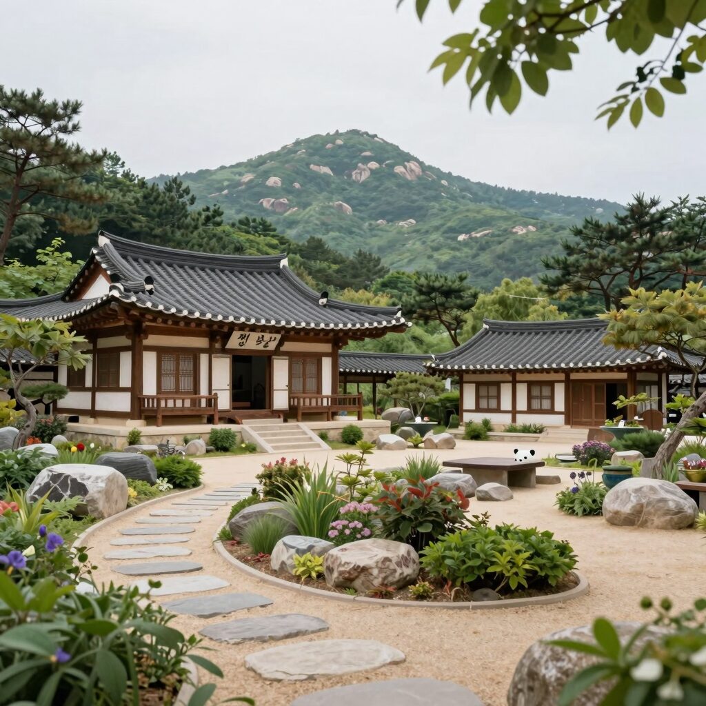 김삿갓 계곡 펜션 스테이브릴 정원과 산 전경