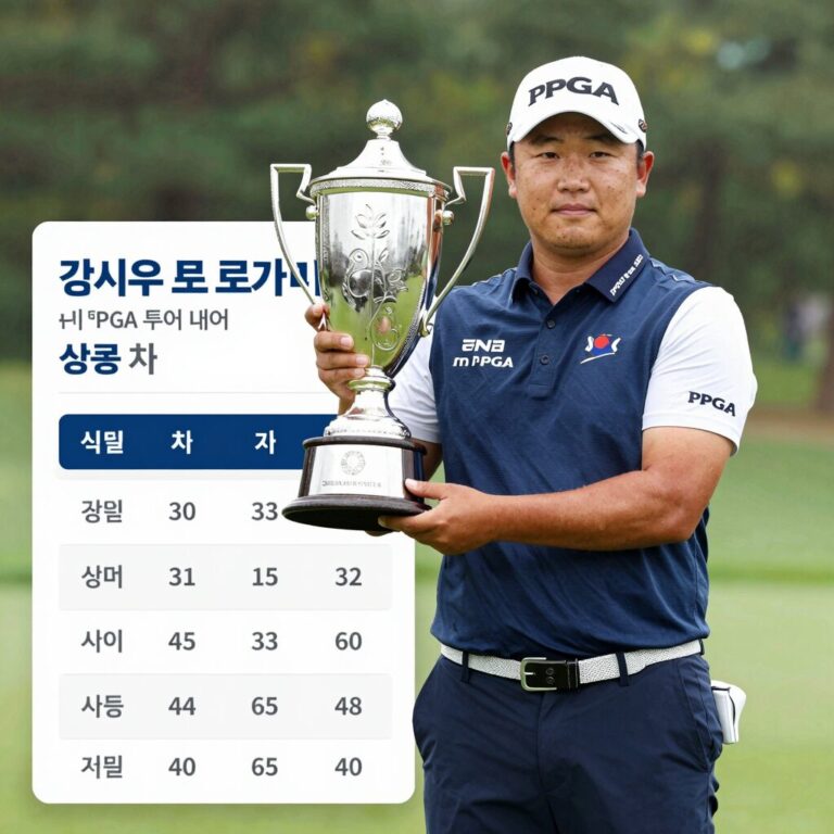 김시우 프로가 PGA 투어 대회에서 트로피를 든 모습과 상금 내역 차트