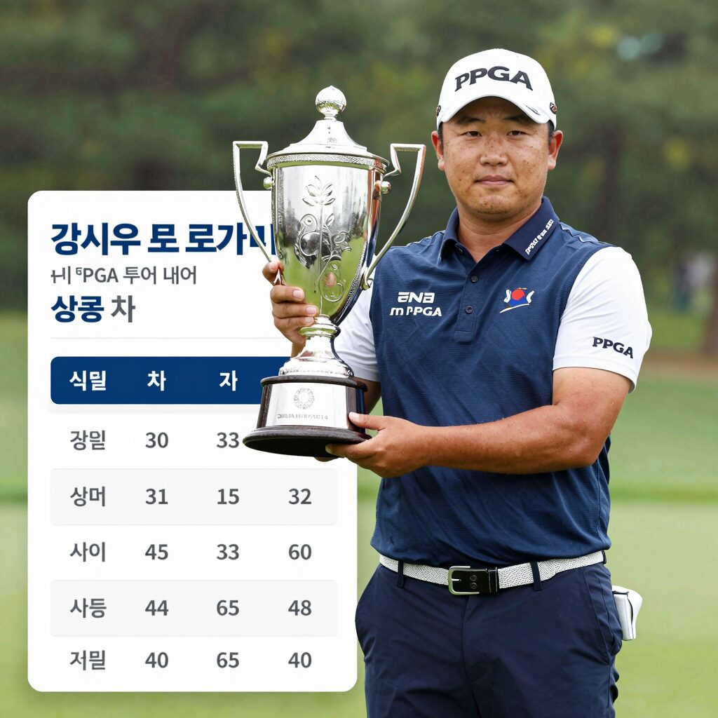 김시우 프로가 PGA 투어 대회에서 트로피를 든 모습과 상금 내역 차트