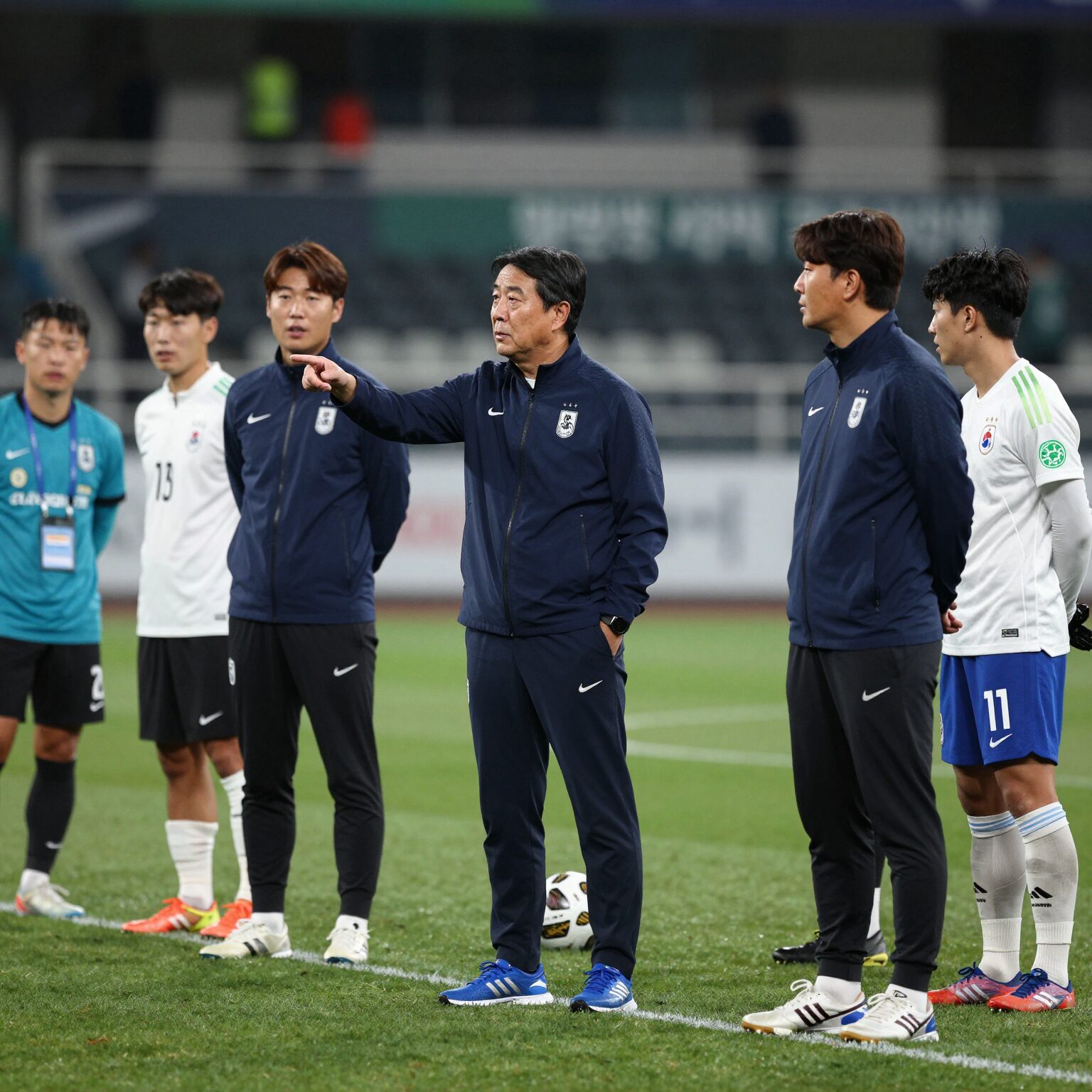 이민성 축구감독이 경기장에서 선수들에게 지시를 내리고 있다