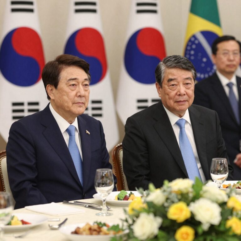 이재명 대통령이 브라질 룰라 대통령과 청와대 영빈관에서 국빈 만찬을 즐기는 모습. 뒤로 재계 총수들이 보인다.