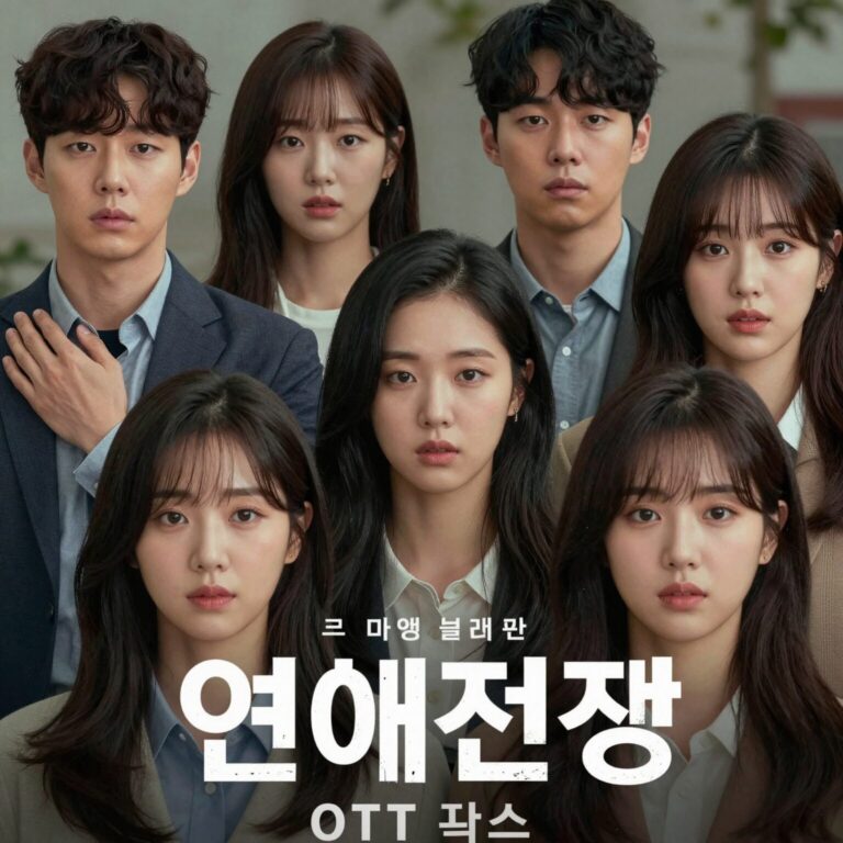 연애전쟁 OTT 포스터 이미지, 다양한 출연진이 긴장감 넘치는 표정을 짓고 있다
