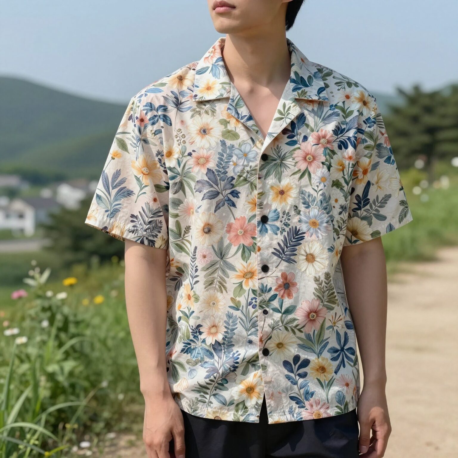 남자가 입은 화사한 꽃무늬 반팔 셔츠 여름 휴양지 코디