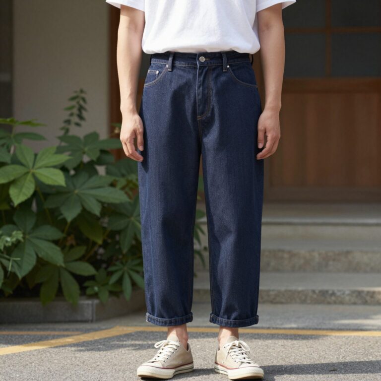 남자 면반바지 착용 모습으로 깔끔한 여름 캐주얼룩을 연출