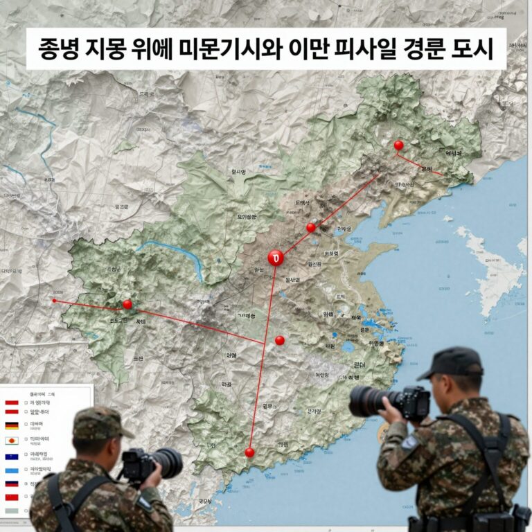 중동 지도 위에 미군기지와 이란 미사일 경로 표시, 이란 미군 사망 사태의 심각성 시각화