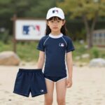 MLB키즈 주니어 수영복 세트 착용 모습 초등여아 래쉬가드 추천