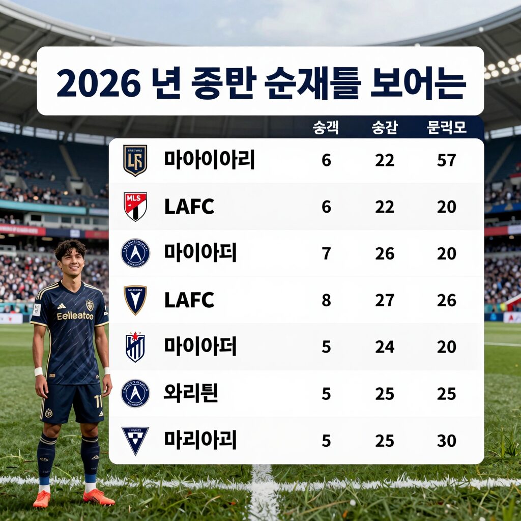 2026년 MLS 중반 순위를 보여주는 그래픽. LAFC, 인터 마이애미 등 상위권 팀 로고와 승점이 표시되어 있다.
