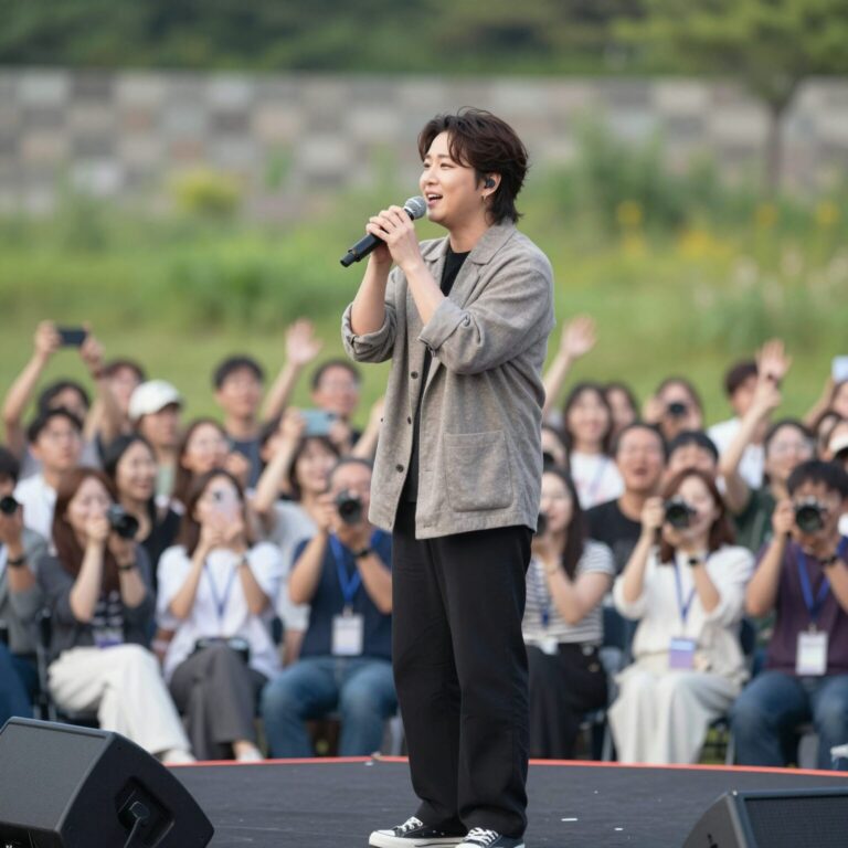 트로트 가수 남궁진이 야외 공연장에서 무대 위에서 노래하는 모습. 관객들이 환호하는 가운데 열정적으로 마이크를 잡고 있다.