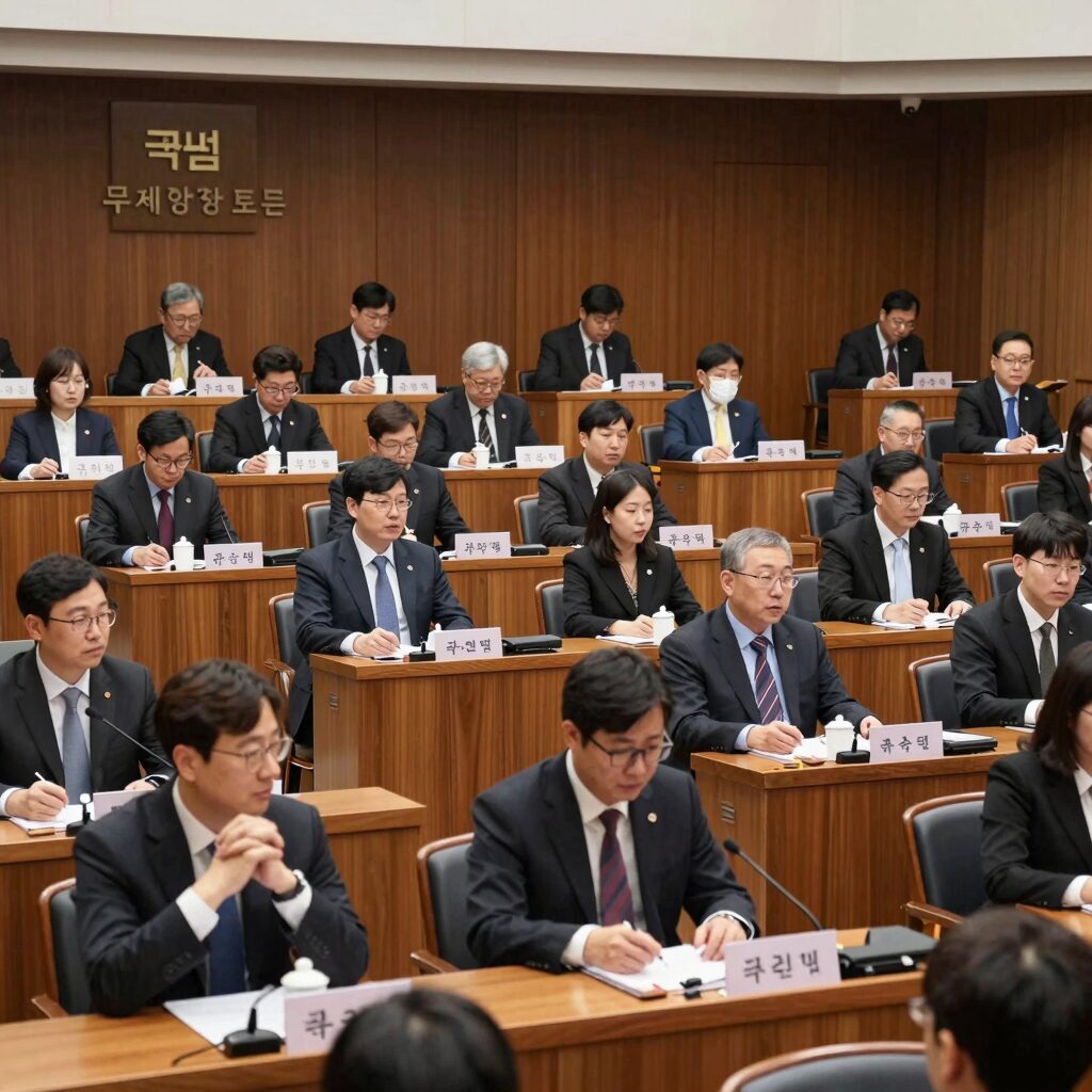 국민의힘 무제한 토론 현장 사진 국회 회의장에서 의원들이 열띤 토론을 벌이고 있는 모습