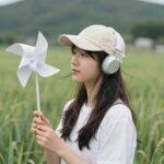목에 거는 선풍기를 착용한 사람의 모습으로, 두 손이 자유롭고 시원한 바람을 느끼는 여름 외출 장면